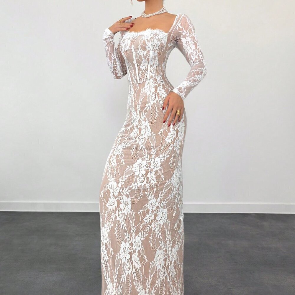 White Casual Women's Sexy S-Shape Lace Long Sleeve Cupped Bustier Tight Fitting - Picture 2 of 5
